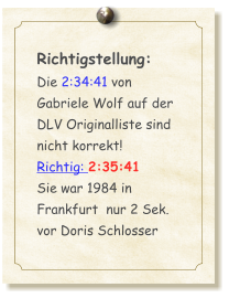 Richtigstellung: Die 2:34:41 von Gabriele Wolf auf der DLV Originalliste sind nicht korrekt!  Richtig: 2:35:41  Sie war 1984 in Frankfurt  nur 2 Sek. vor Doris Schlosser